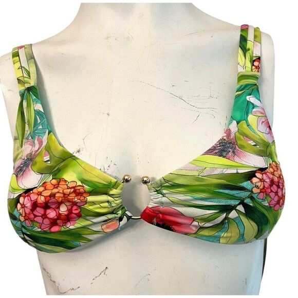 Bebe M Hawaiian Floral Bikini Top Gold Horseshoe Strappy Bralette Pullover NWT - Picture 1 of 6